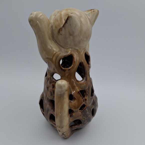 MCM Ceramic Cat Figurine Collectible Artist Handmade 7" Tall Brown Hollow Beging - Picture 5 of 10